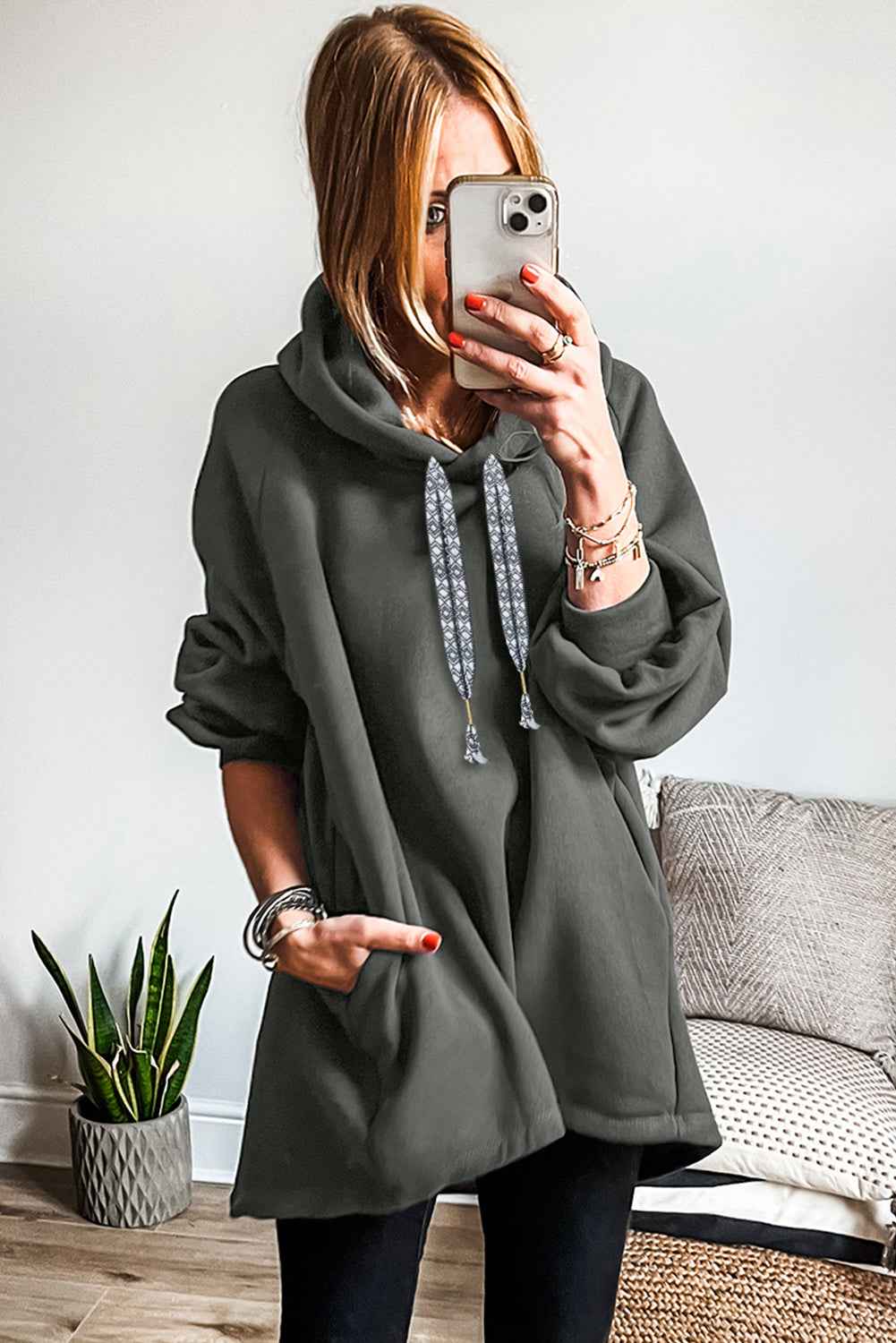 Raglan Sleeve Drawstring Hooded Tunic Sweatshirt by Wild and Free Boutique