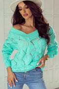 Mint Green Hollow Out Knit V Neck Drop Shoulder Sweater by Wild and Free Boutique