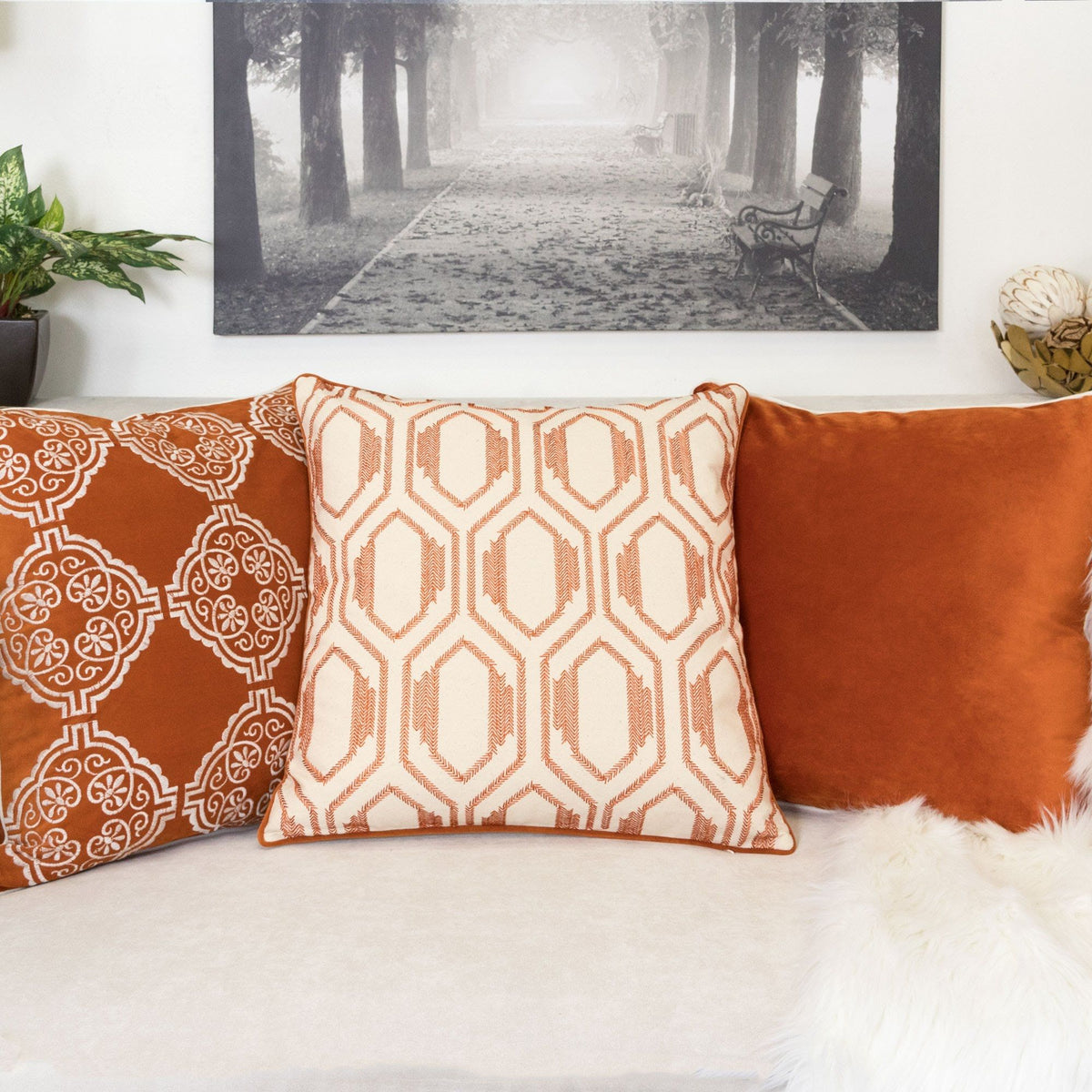 Geometric Embroidered Throw Pillow - Rust by Unique Piece Furniture