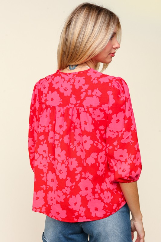 Haptics Full Size Ribbon Bow Floral Balloon Sleeve Blouse by Wild and Free Boutique