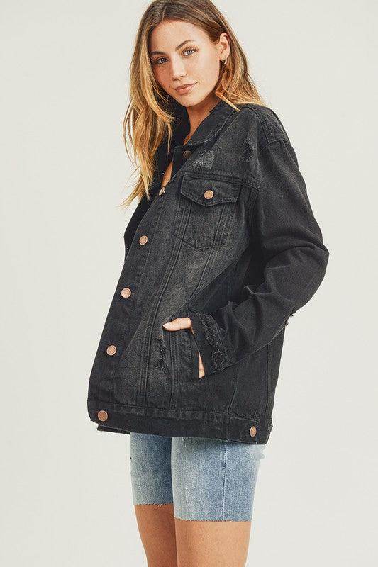 RISEN Full Size Distressed Long Sleeve Denim Jacket for Women by Selvanelle