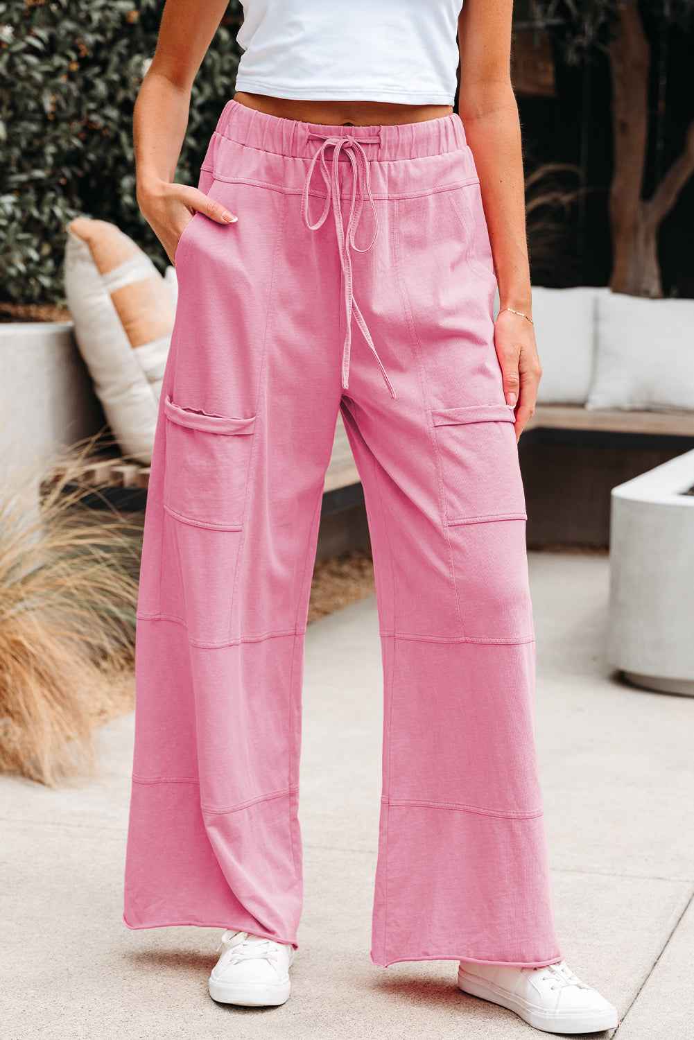 Bonbon Mineral Wash Exposed Seam Drawstring Elastic Waistband Wide Leg Cargo Pants by Dear-Lover Dropshipping