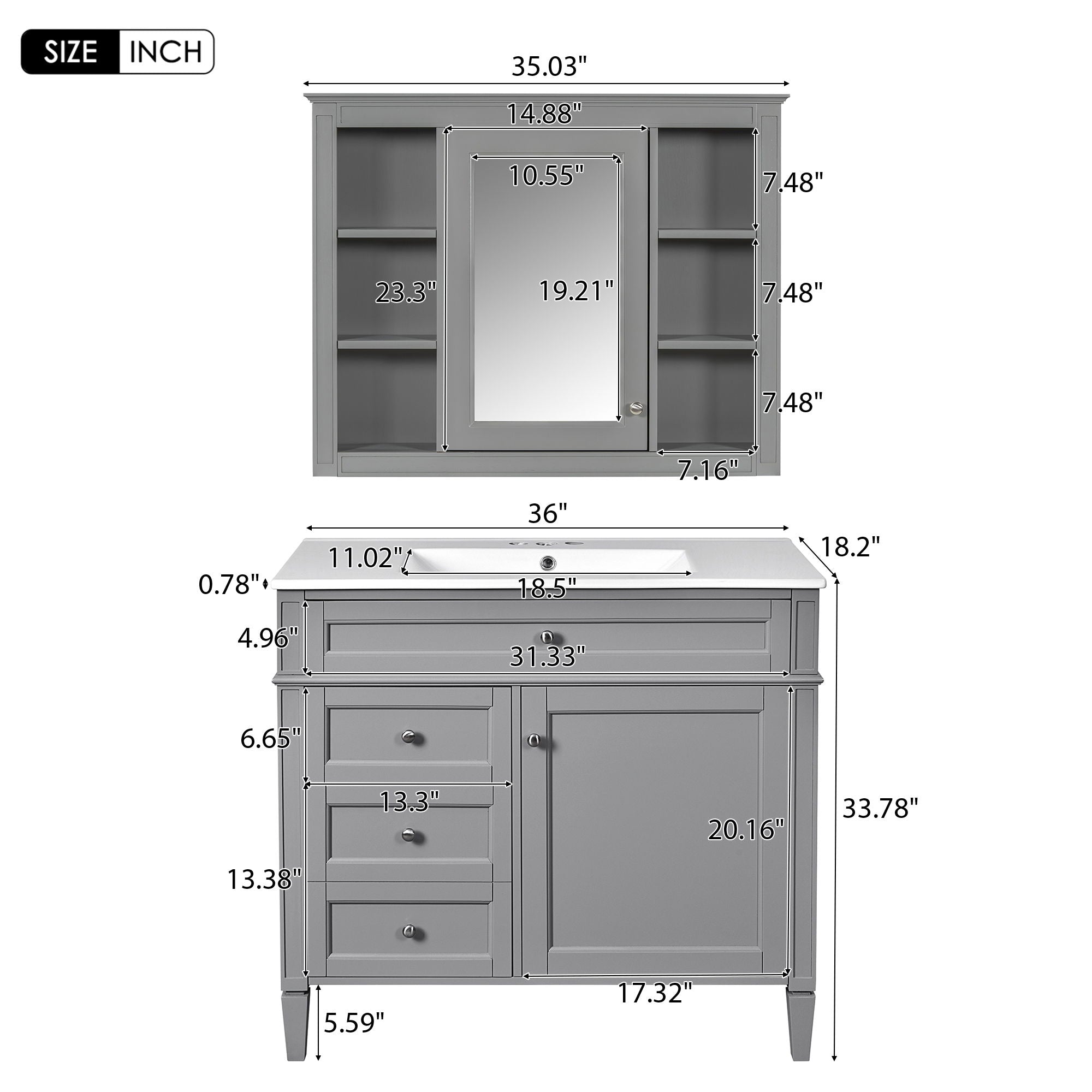 Bathroom Vanity With Mirror Cabinet, Single Sink With 2 Soft Closing Doors And 4 Drawers by Unique Piece Furniture