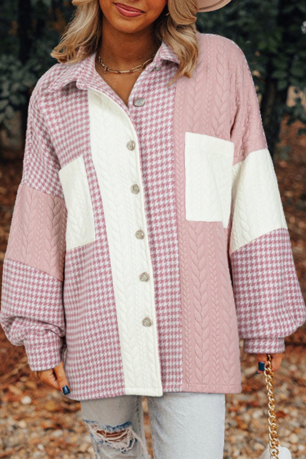 Pink Houndstooth Textured Patchwork Loose Shacket by Wild and Free Boutique
