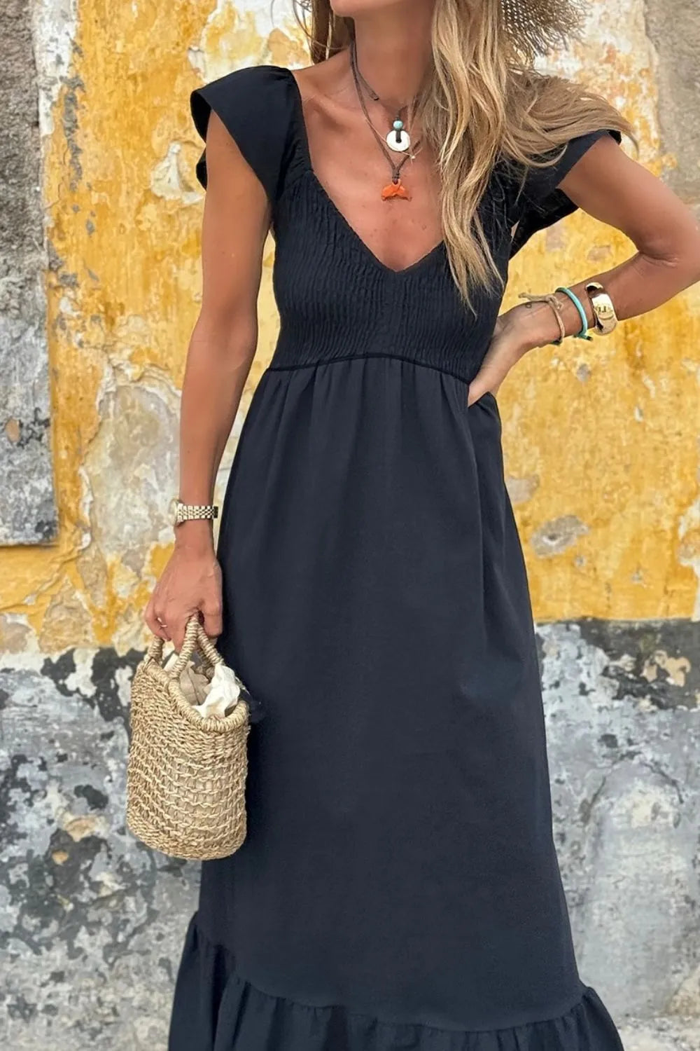 V Neck Ruffled Cap Sleeve Smocked Maxi Dress by Simply Love