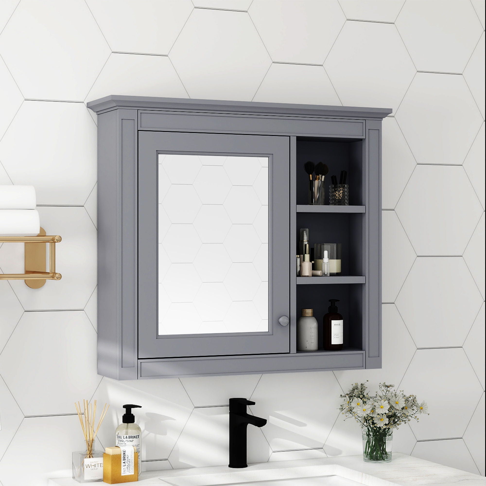 Wall Mounted Medicine Cabinet With Mirror And 3 Open Shelves by Unique Piece Furniture