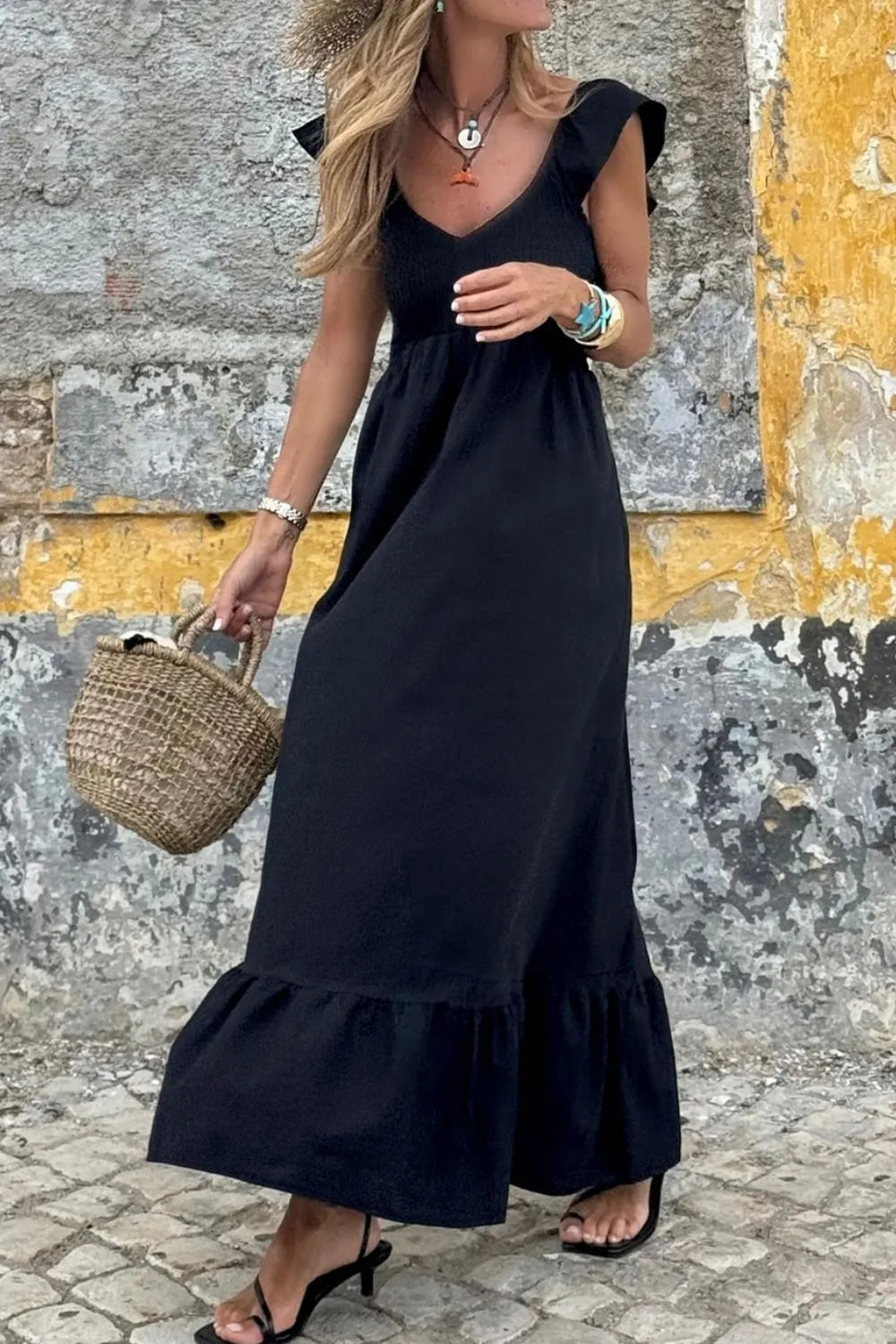 V Neck Ruffled Cap Sleeve Smocked Maxi Dress by Simply Love