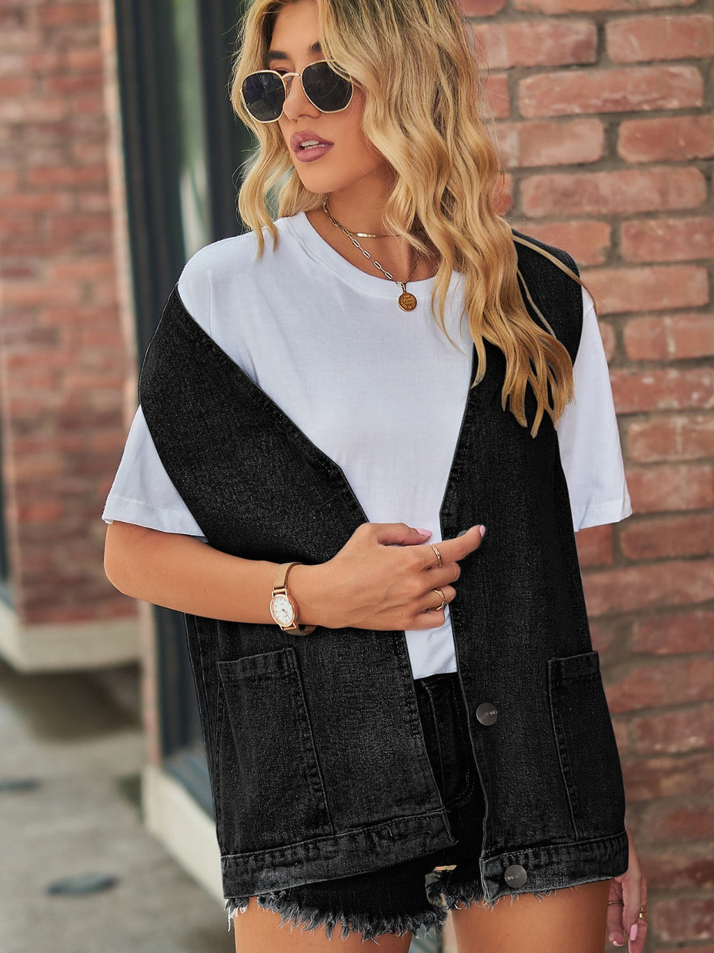 Full Size V-Neck Button Up Denim Vest by Wild and Free Boutique