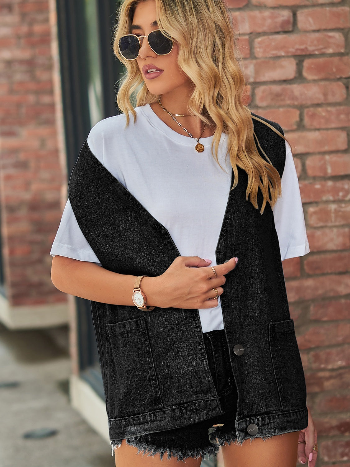Full Size V-Neck Button Up Denim Vest by Wild and Free Boutique