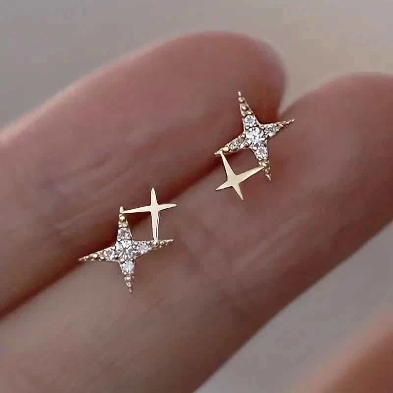 Double Star Design Stud Earrings Inlaid Zirconia by DailySale