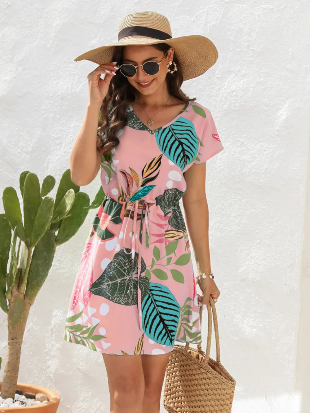 Drawstring Printed V-Neck Mini Dress by V.I.P Digital Presence