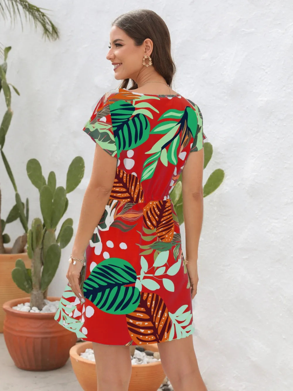 Drawstring Printed V-Neck Mini Dress by V.I.P Digital Presence