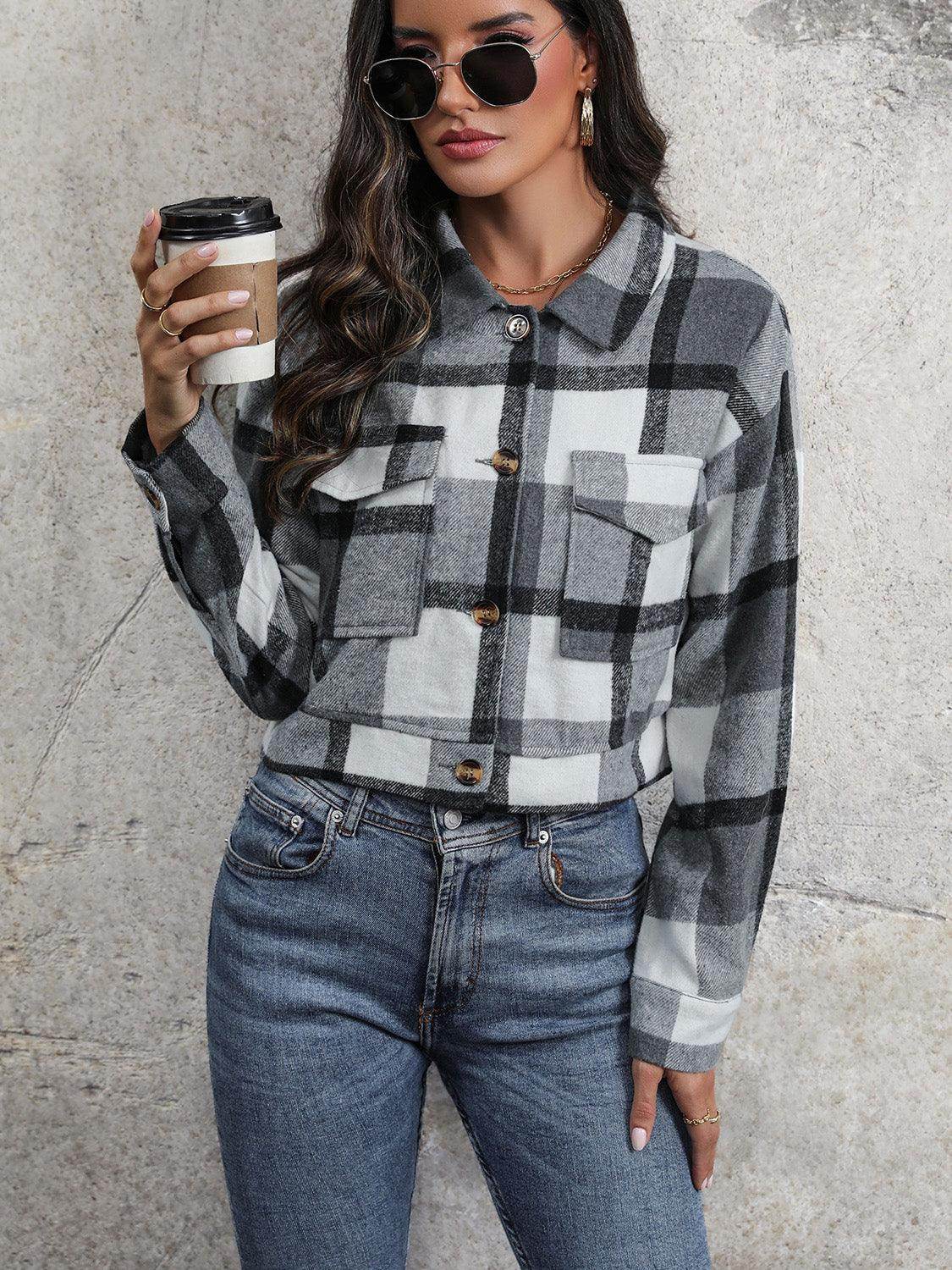 Perfee Plaid Button Up Drop Shoulder Cropped Jacket for Women by Selvanelle