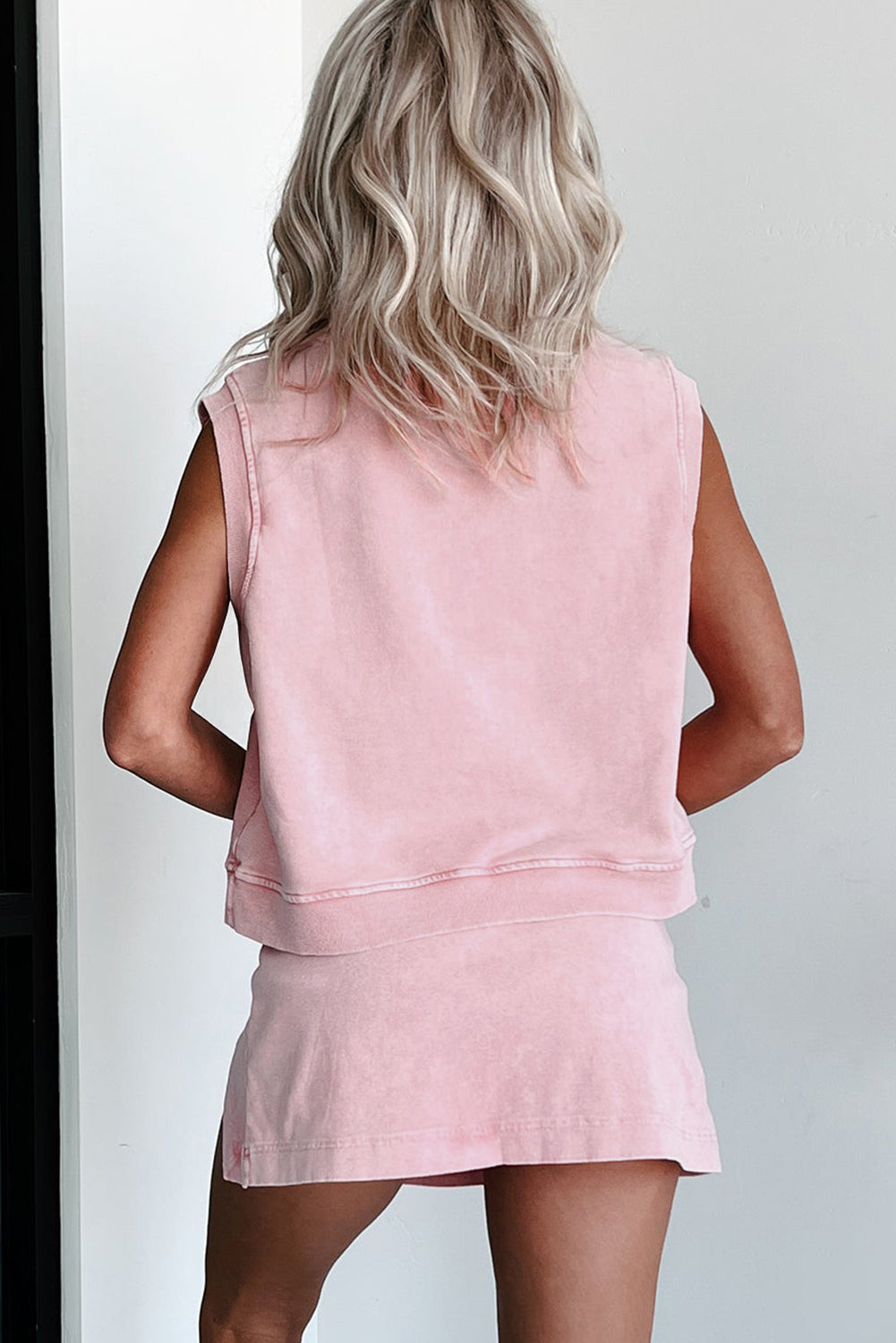 Light Pink 2 Pieces Mineral Wash Cotton Tank Top Lined Split Skirt Set by Wild and Free Boutique