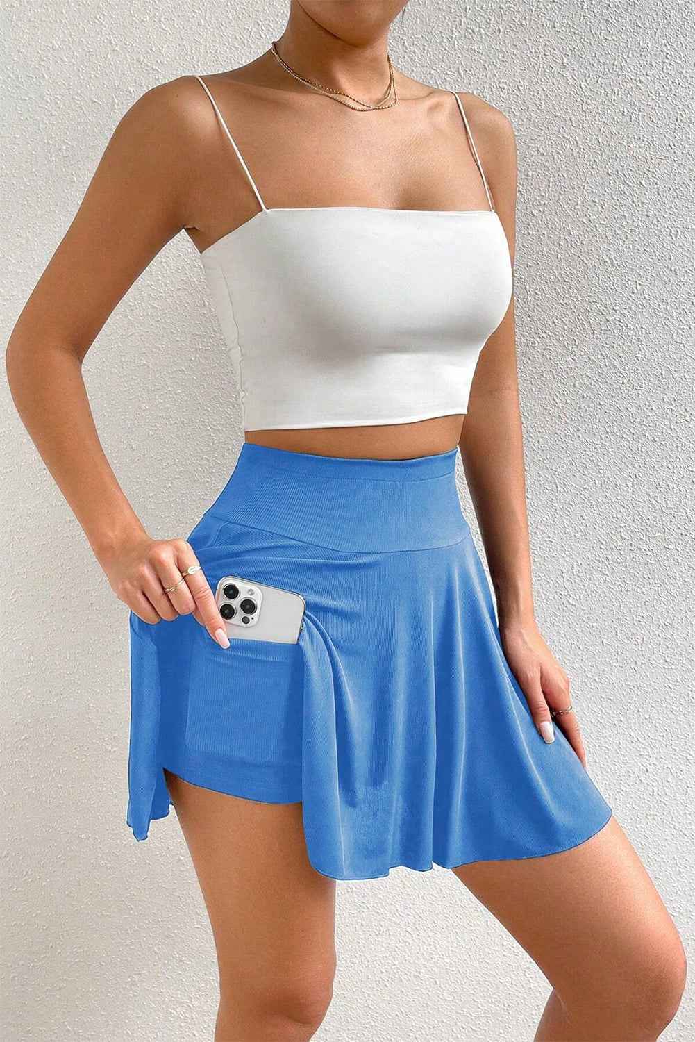 Blue A-line Draped High Waist Pocketed Lined Skort by Wild and Free Boutique