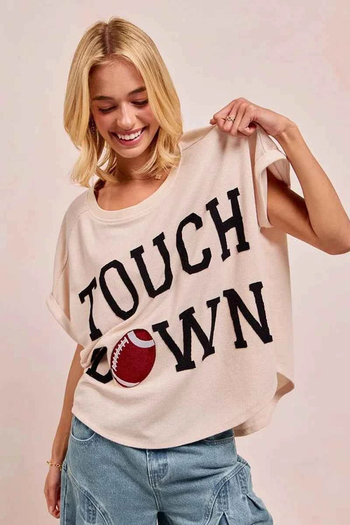 BiBi Game Day Touchdown Letter Patches Waffle Short Top by Wild and Free Boutique