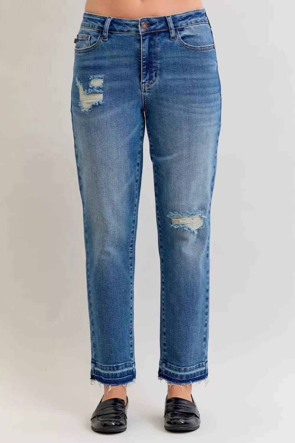 Judy Blue Full Size Mid Rise Bf Patch & Repair Destroy Release Hem Jeans Plus Size by Wild and Free Boutique