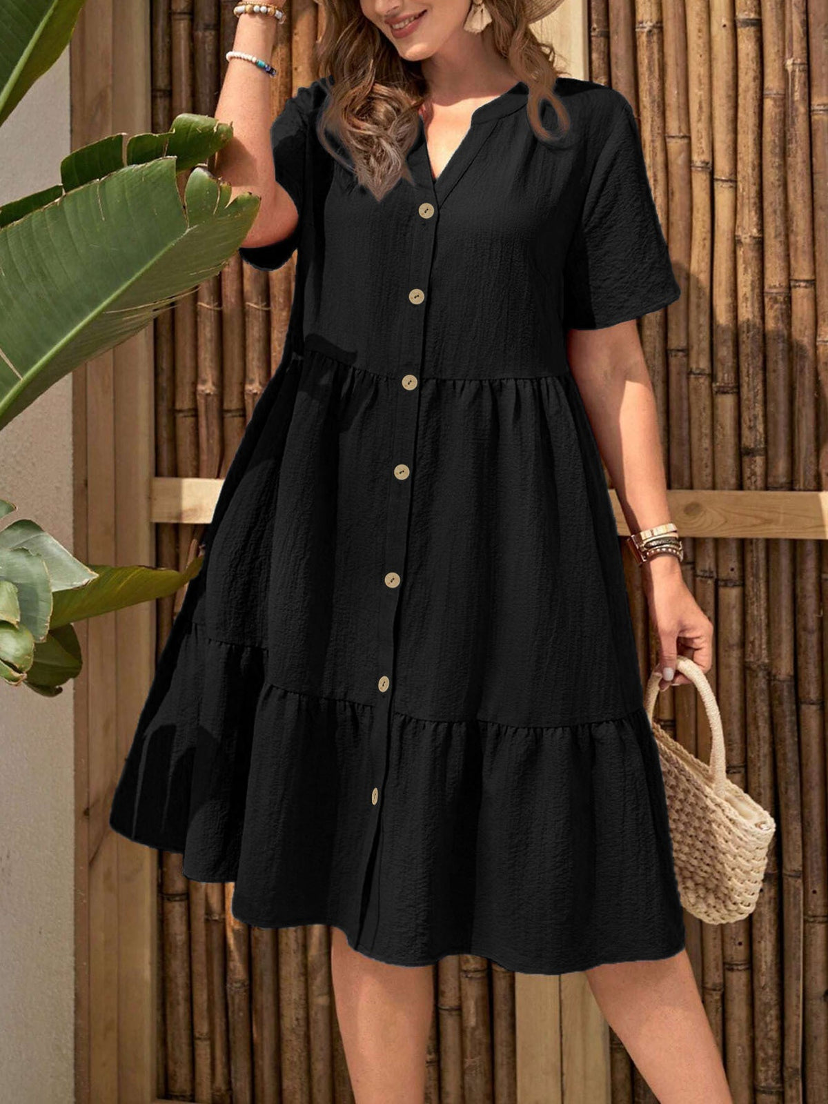 Plus-Size Button-Front V‑Neck Midi Dress by FitiqueFit