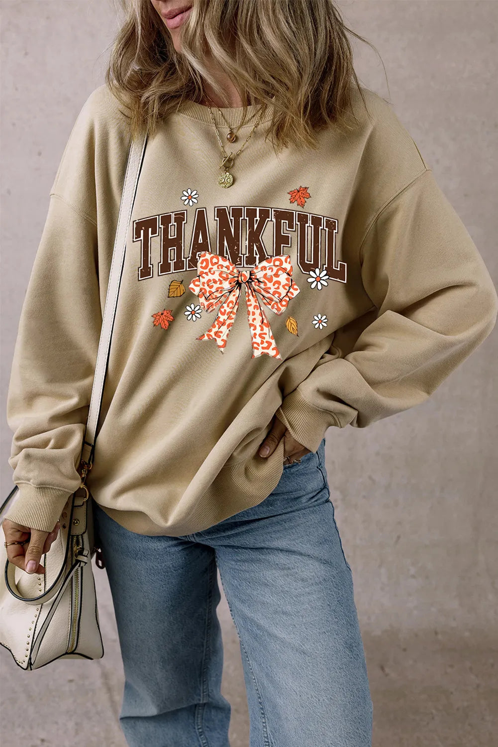THANKFUL Bow Round Neck Long Sleeve Sweatshirt by Wild and Free Boutique