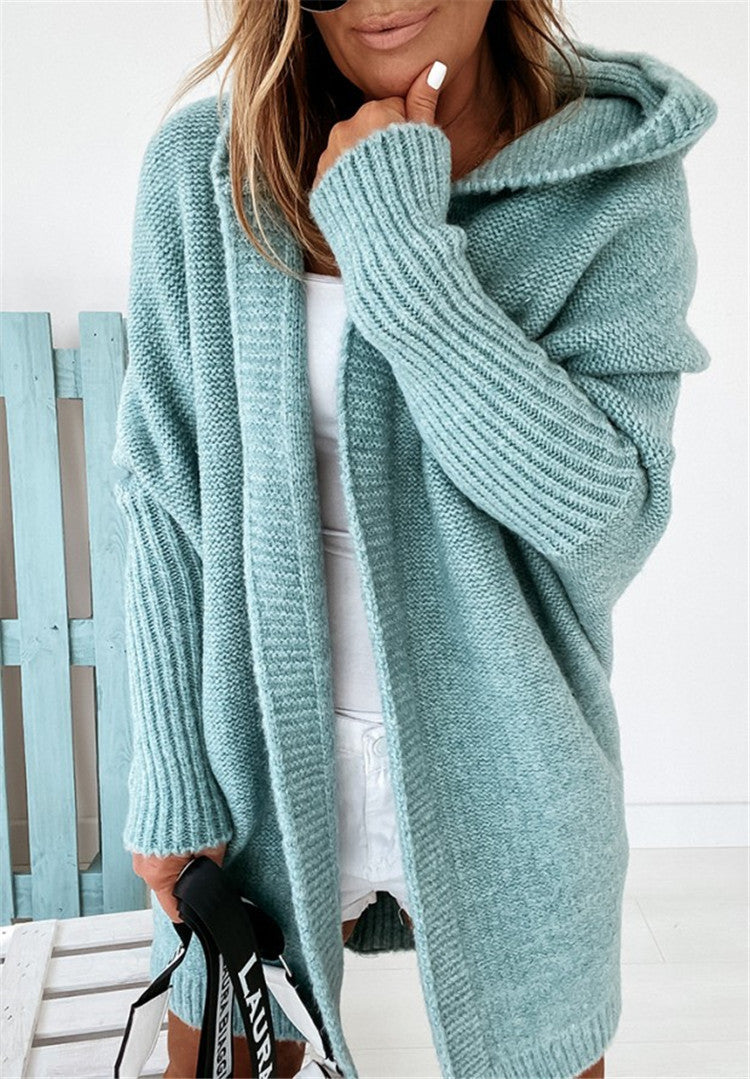 Fashion Bat Sleeve Hooded Cardigan Oversized Loose Temperament Solid Color Sweater Womens Clothing by Social Buzz eSIMs