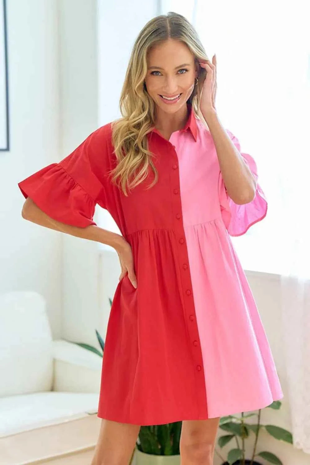 First Love Full Size Color Blocked Button Down Babydoll Dress by Wild and Free Boutique