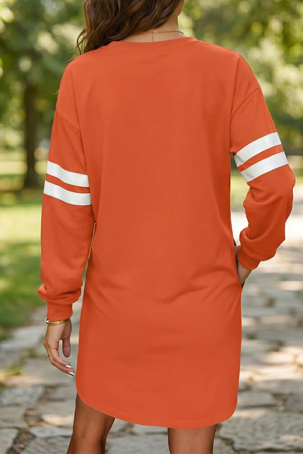 Fiery Red Varsity Contrast Banded Sleeve Shift Sweatshirt Dress by Wild and Free Boutique