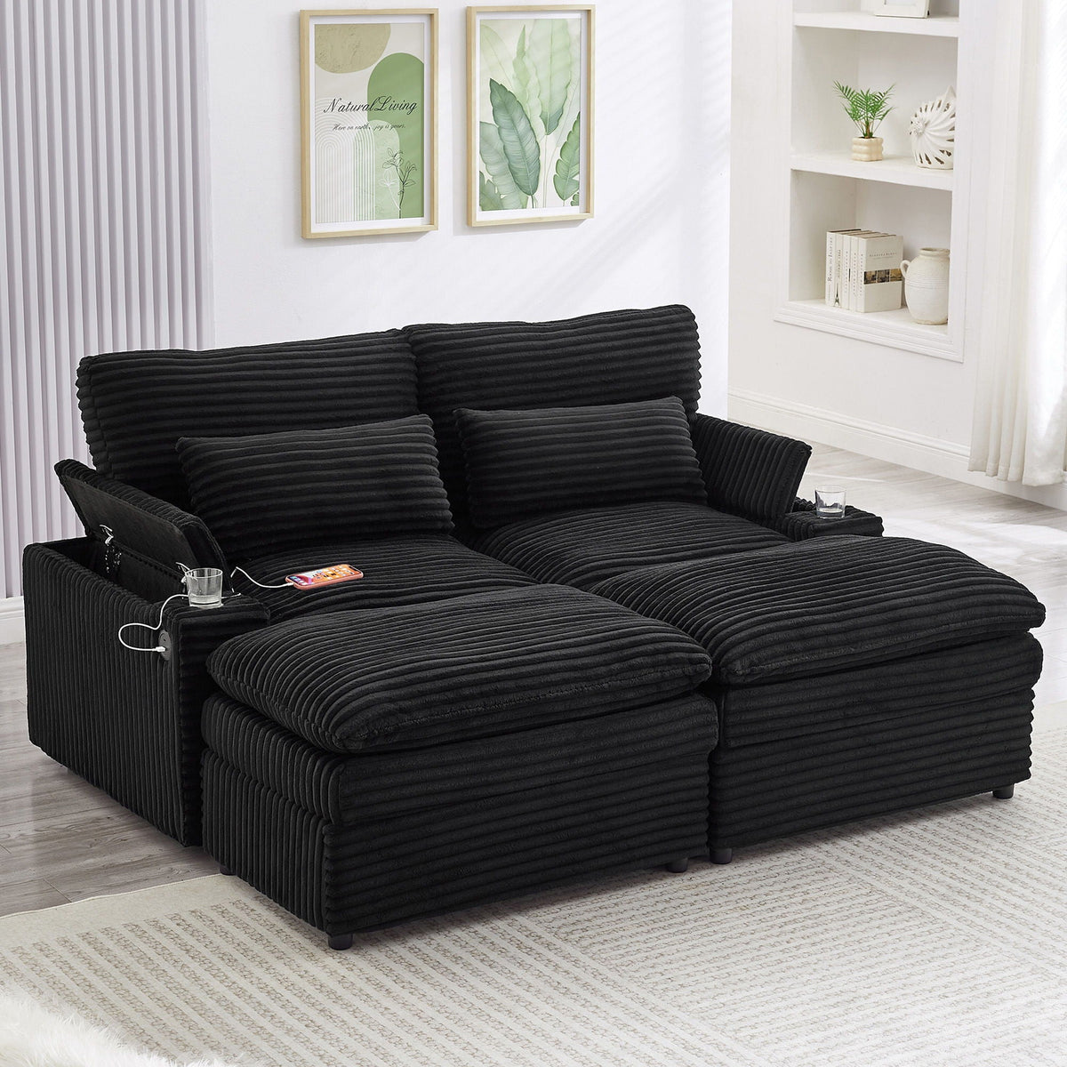 Convertible Loveseat Sofa With Storage, USB Ports, Cup Holders by Unique Piece Furniture
