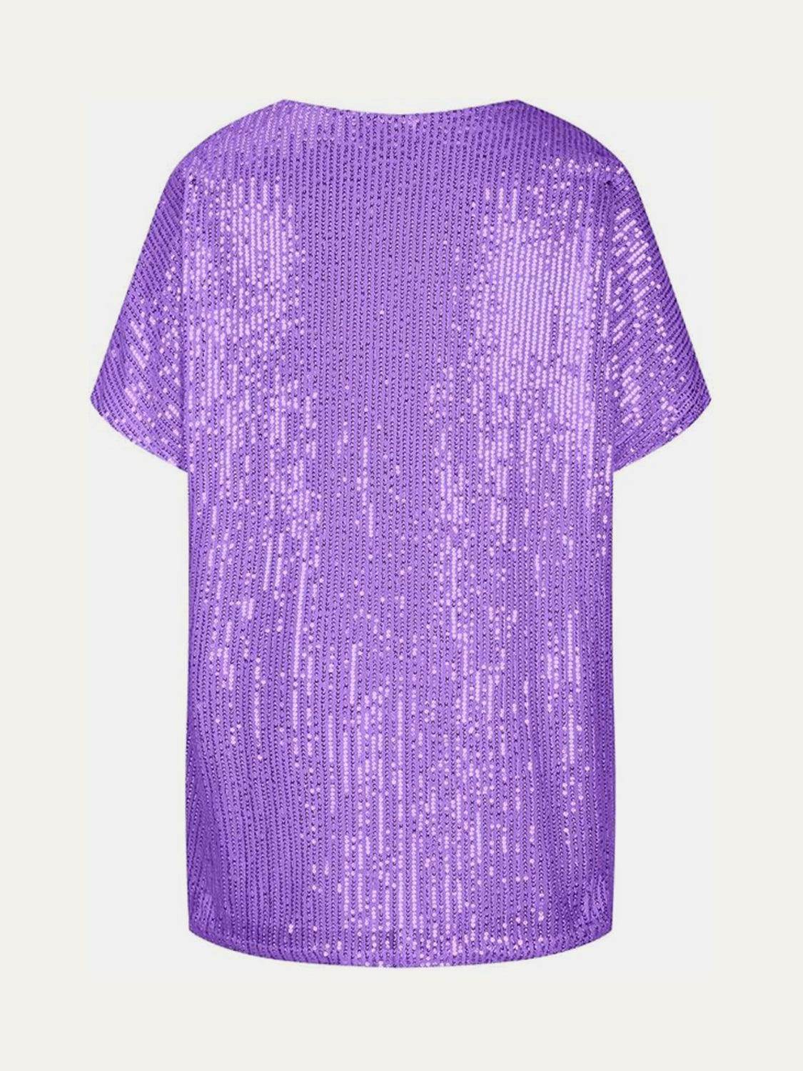 Full Size Sequin V-Neck Short Sleeve Top for Women by Selvanelle