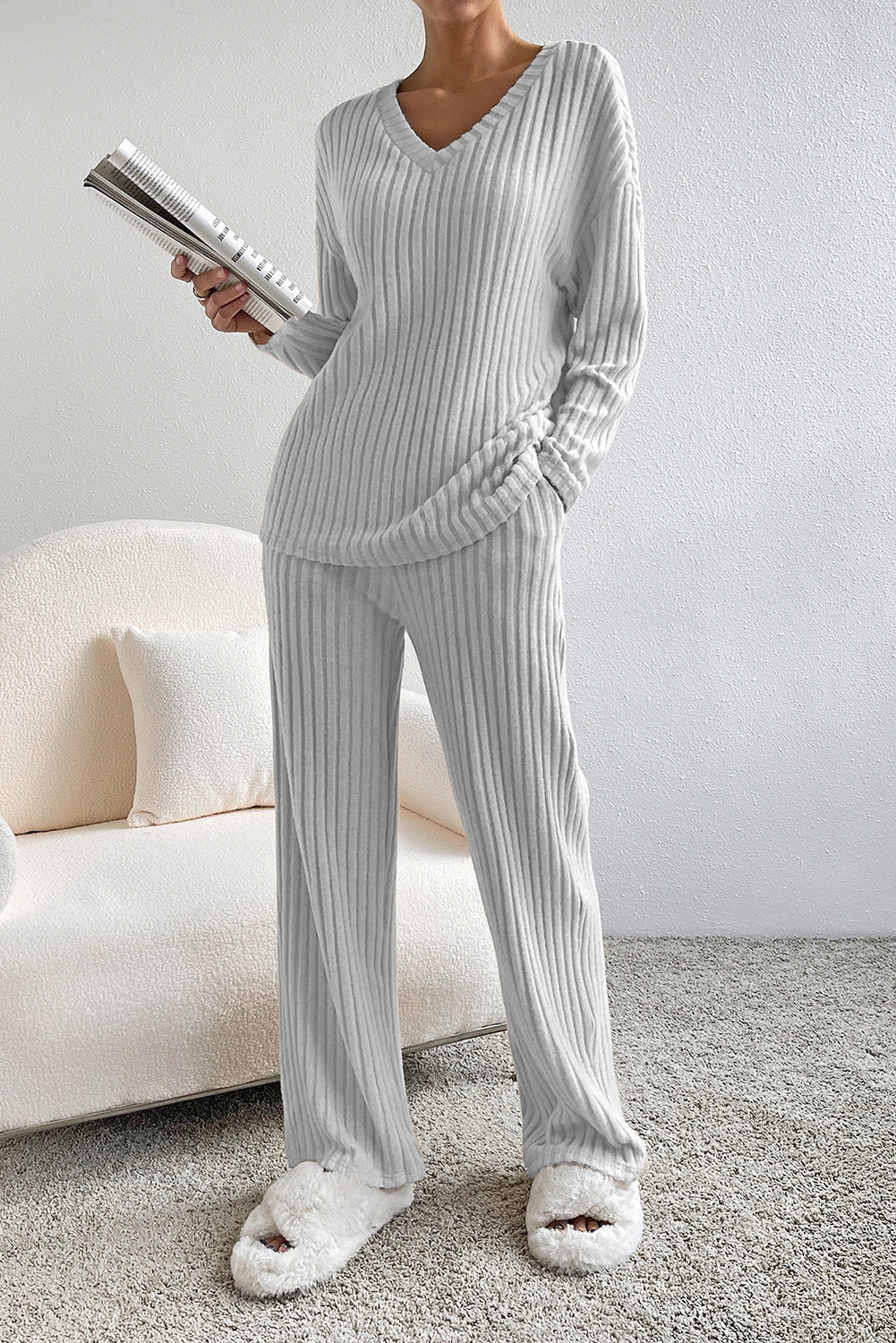 Ribbed V-Neck Top and Pants Lounge Set by Wild and Free Boutique