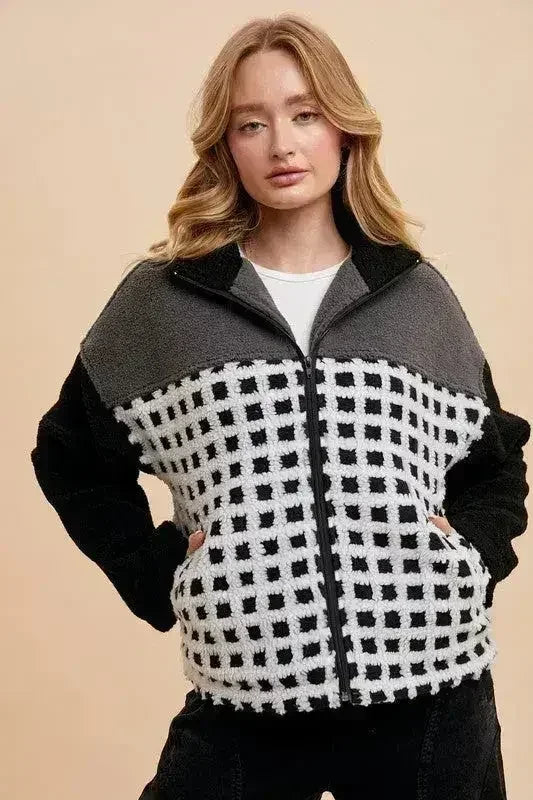 Annie Wear Plaid Zip Up Drop Shoulder Sherpa Jacket by Femstylo