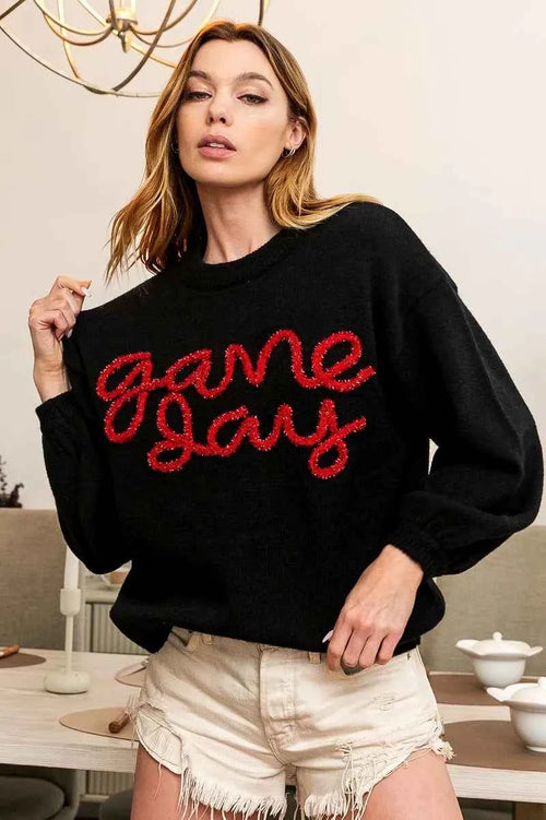 BiBi Game Day Metallic Letter Sweater by Wild and Free Boutique