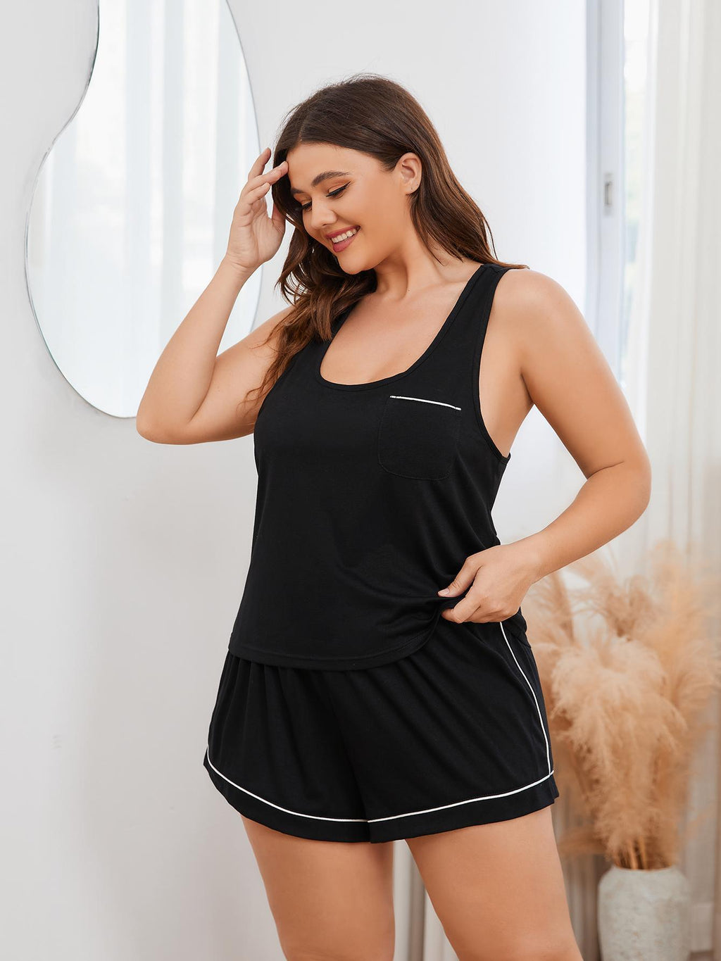 Plus Size Contrast Piping Racerback Tank and Shorts Lounge Set by Wild and Free Boutique