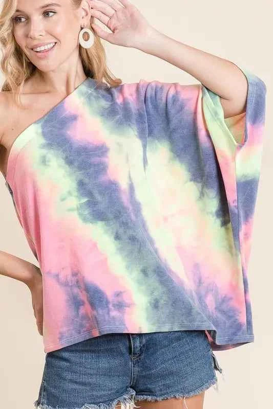 BiBi Tie Dye French Terry One Shoulder Top with Dolman by Wild and Free Boutique