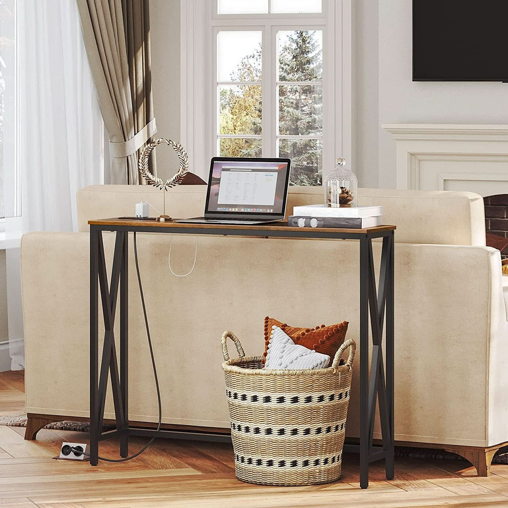Rustic Brown Sofa Table With Power Outlet And USB Ports by ShipItFurniture