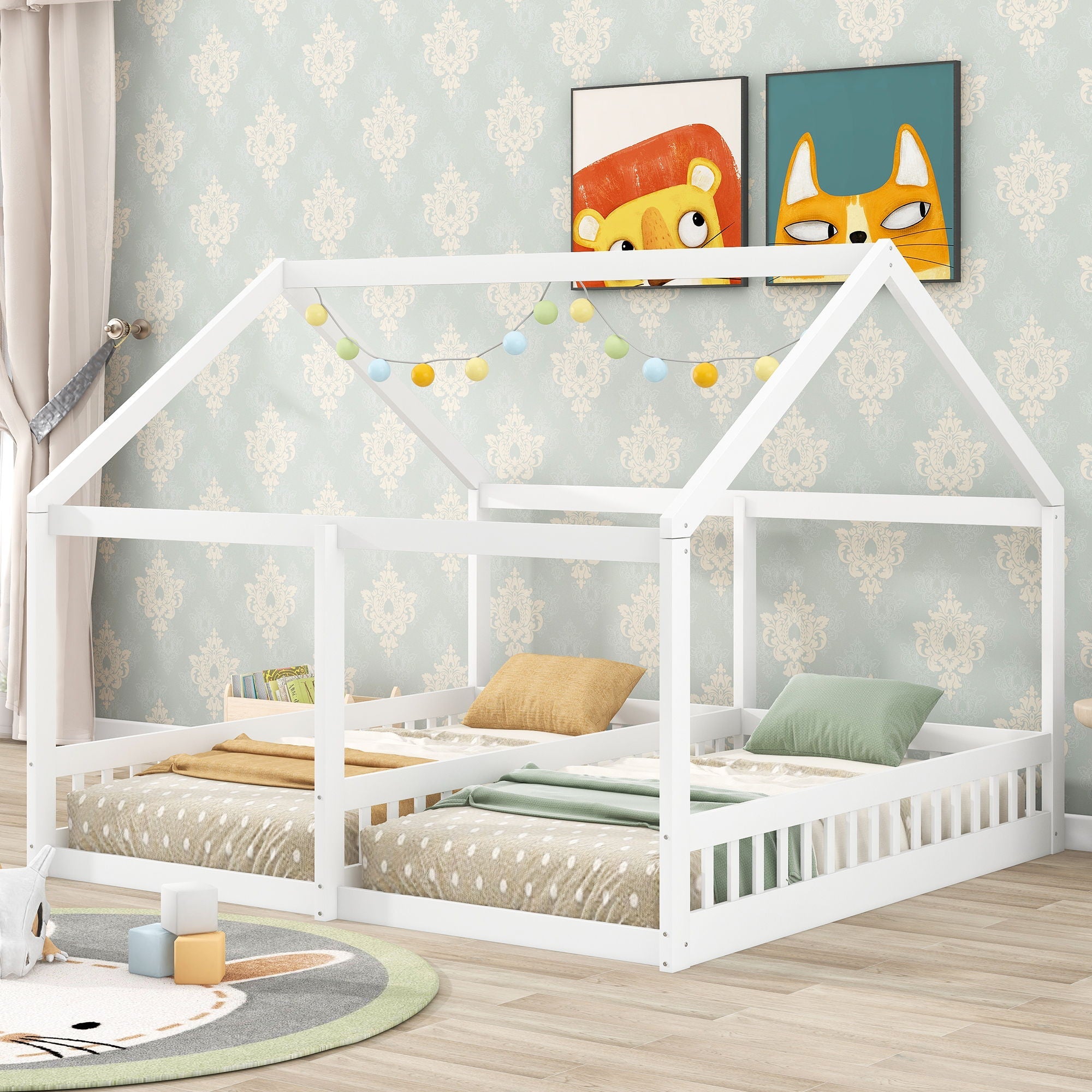 House Platform Beds, 2 Shared Beds, Metal Frame With Guardrails by Unique Piece Furniture