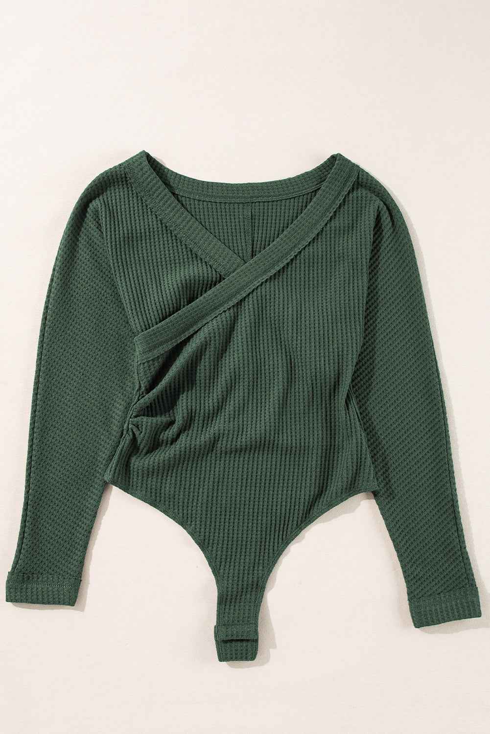 Blackish Green Waffle Knit Slim Fit Wrap V Neck Bodysuit by Wild and Free Boutique