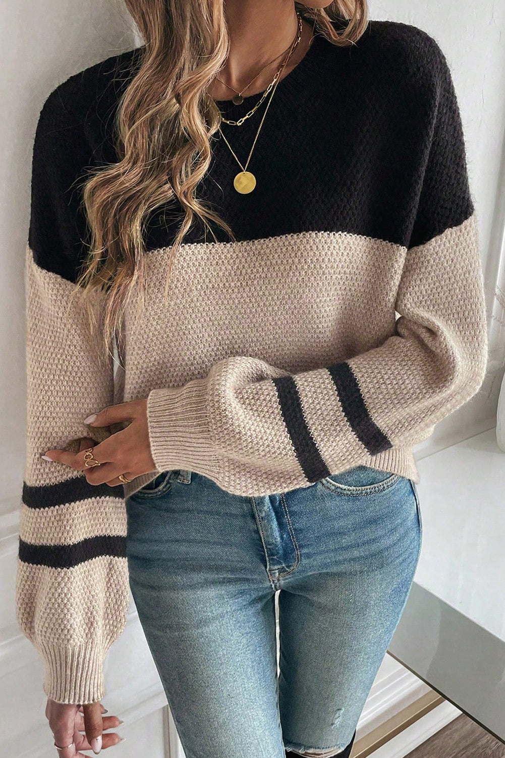 Dark Brown Color Block Knit Striped Sleeve Detail Casual Sweater by Wild and Free Boutique