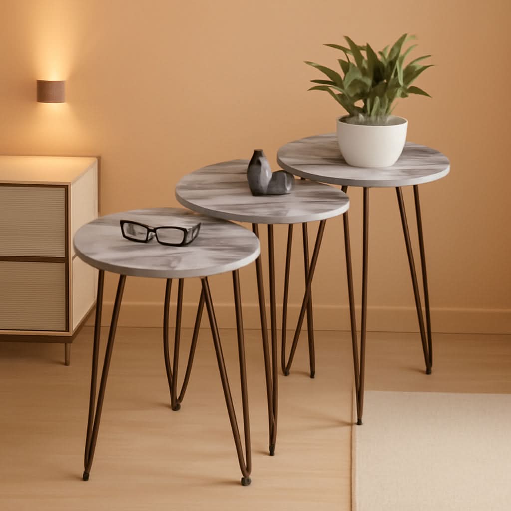 Grey Marble Nesting Tables Set Of 3 Modern Round End Tables by ShipItFurniture