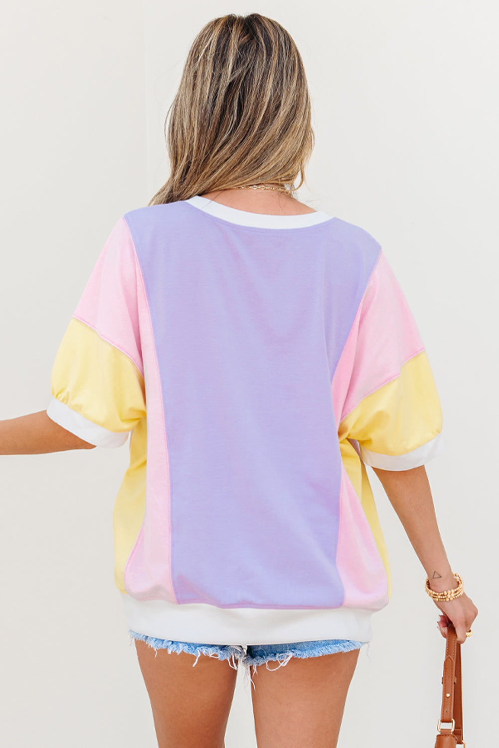 Purple Color Block Patchwork Half Sleeve Oversized T Shirt by Wild and Free Boutique