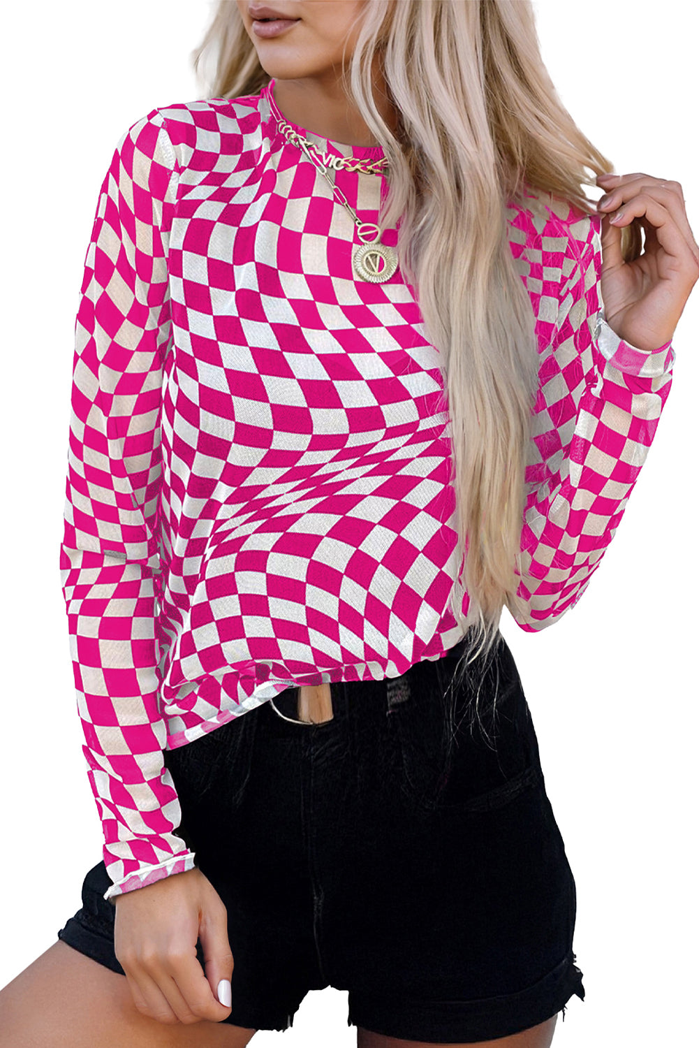 Rose Checkered Pattern Mesh Mock Neck Long Sleeve Top by Wild and Free Boutique