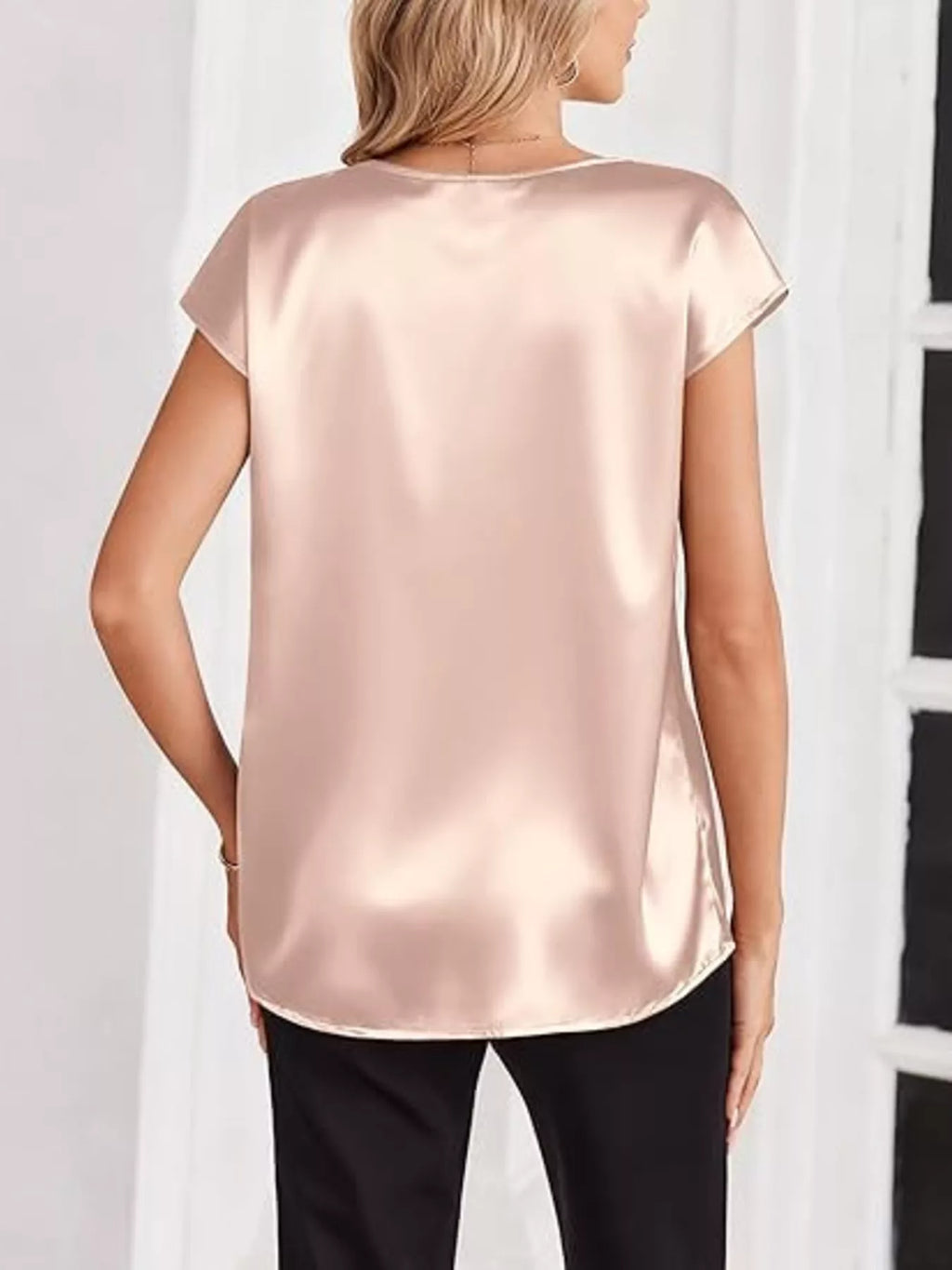 Satin V-Neck Short Sleeve Blouse by Wild and Free Boutique