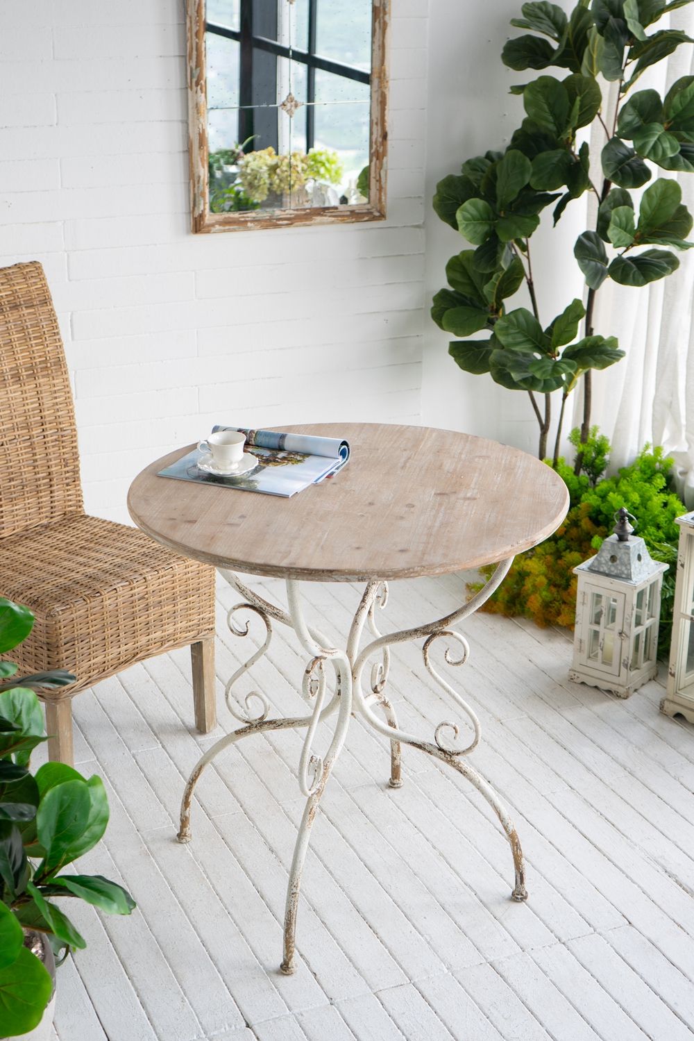 Round Wooden Table With Metal Scrollwork Legs - White Washed by Unique Piece Furniture