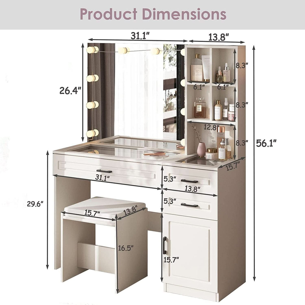 White Vanity Table Set With Glass Top Hollywood Mirror by ShipItFurniture