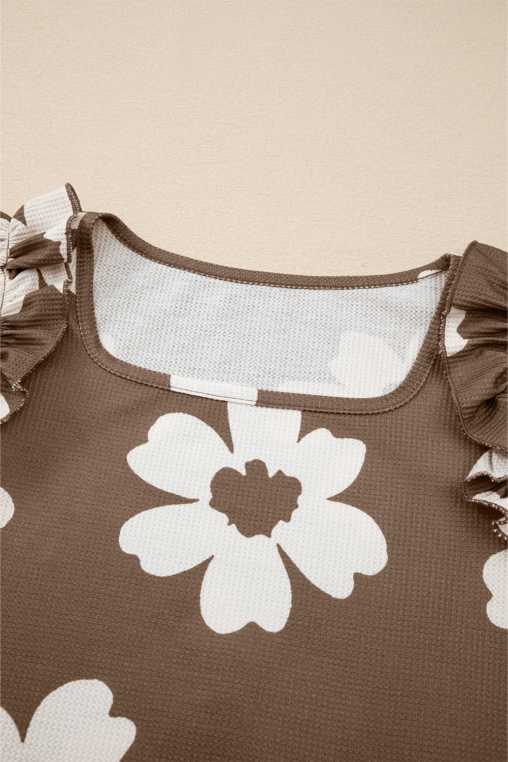 Brown Floral Textured Ruffled Short Sleeve Square Neck Blouse by Wild and Free Boutique