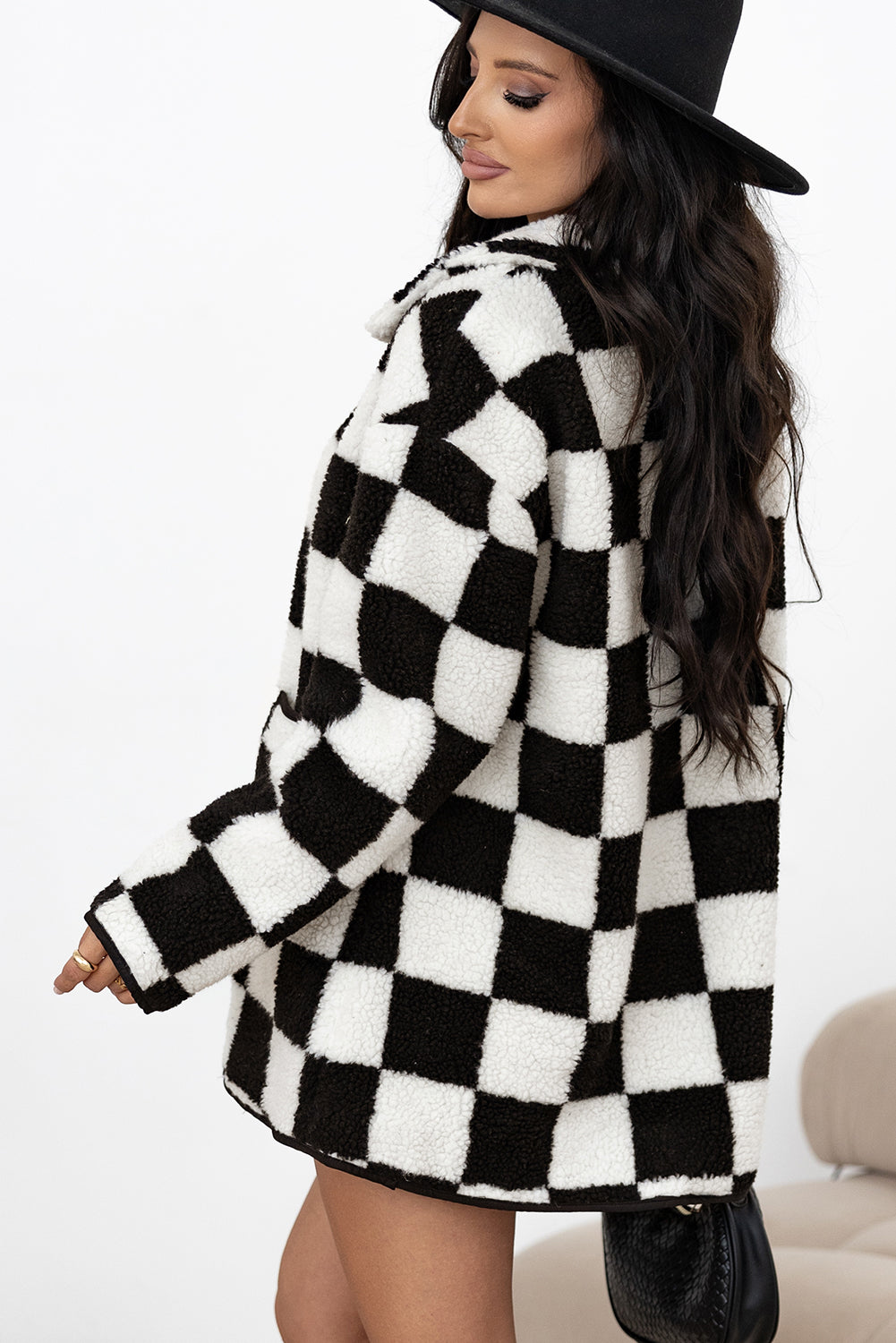 Black Checkered Side Pockets Collared Buttoned Fleece Jacket by Dear-Lover Dropshipping