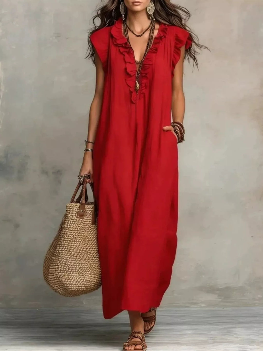 Full Size Ruffled V-Neck Cap Sleeve Maxi Dress Plus Size by Shopiebay