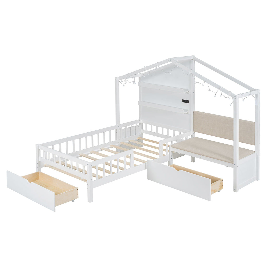 House Bed With Upholstered Sofa, Wireless Charging Station, Shelves And 2 Drawers by Unique Piece Furniture