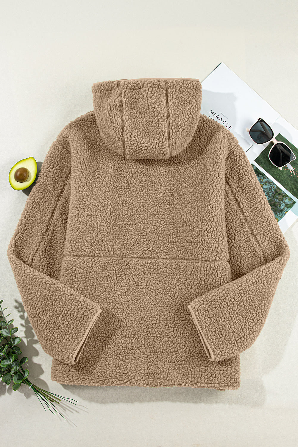 Pale Khaki Fleece Zip Up Drawstring Hooded Pocketed Jacket by Wild and Free Boutique