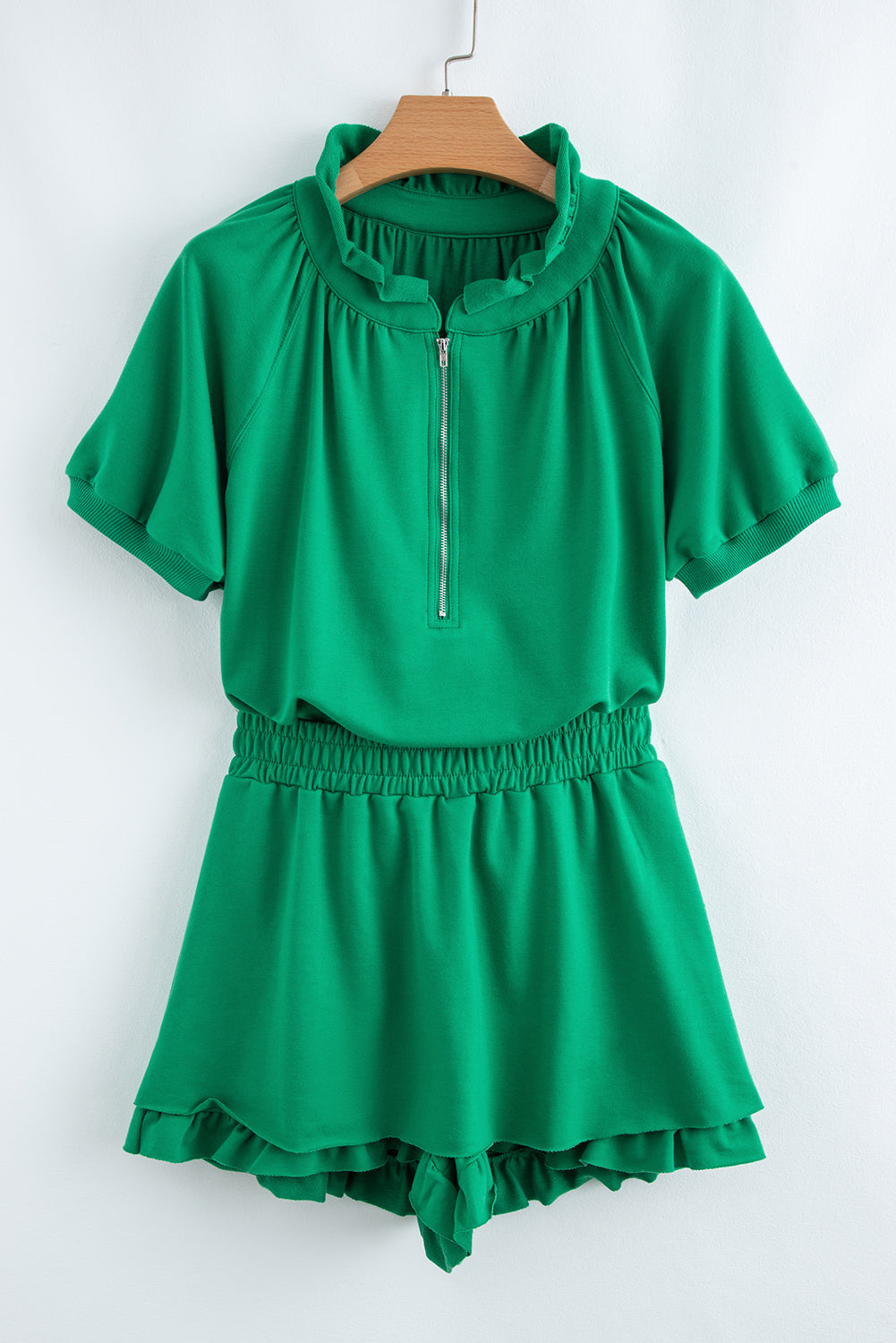 Pink Half Zip Puff Sleeve Top and Ruffle Shorts Set by Wild and Free Boutique