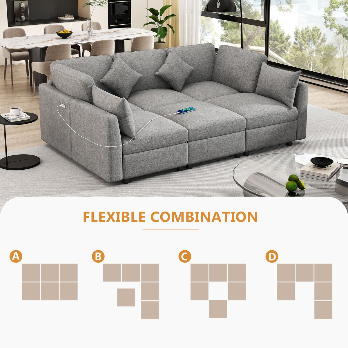 Sectional Sofa Modular U-Shaped With Ottoman & USB Ports by Unique Piece Furniture